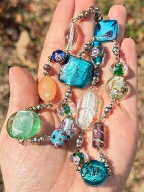 Glass Bead Necklace Multicolor Encased Floral Foil Lampwork Style 10"